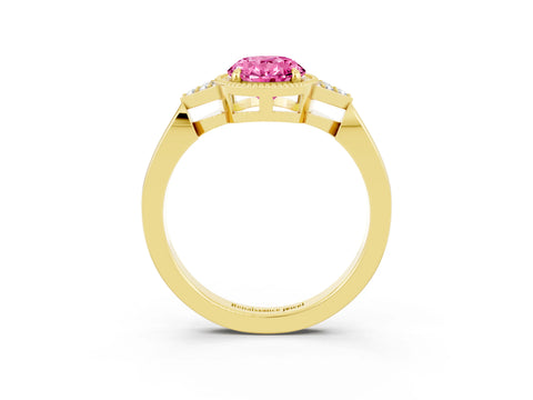 Yellow gold Oval Cut Pink Sapphire Halo Ring with Tapered Band and Four-Prong Setting_3