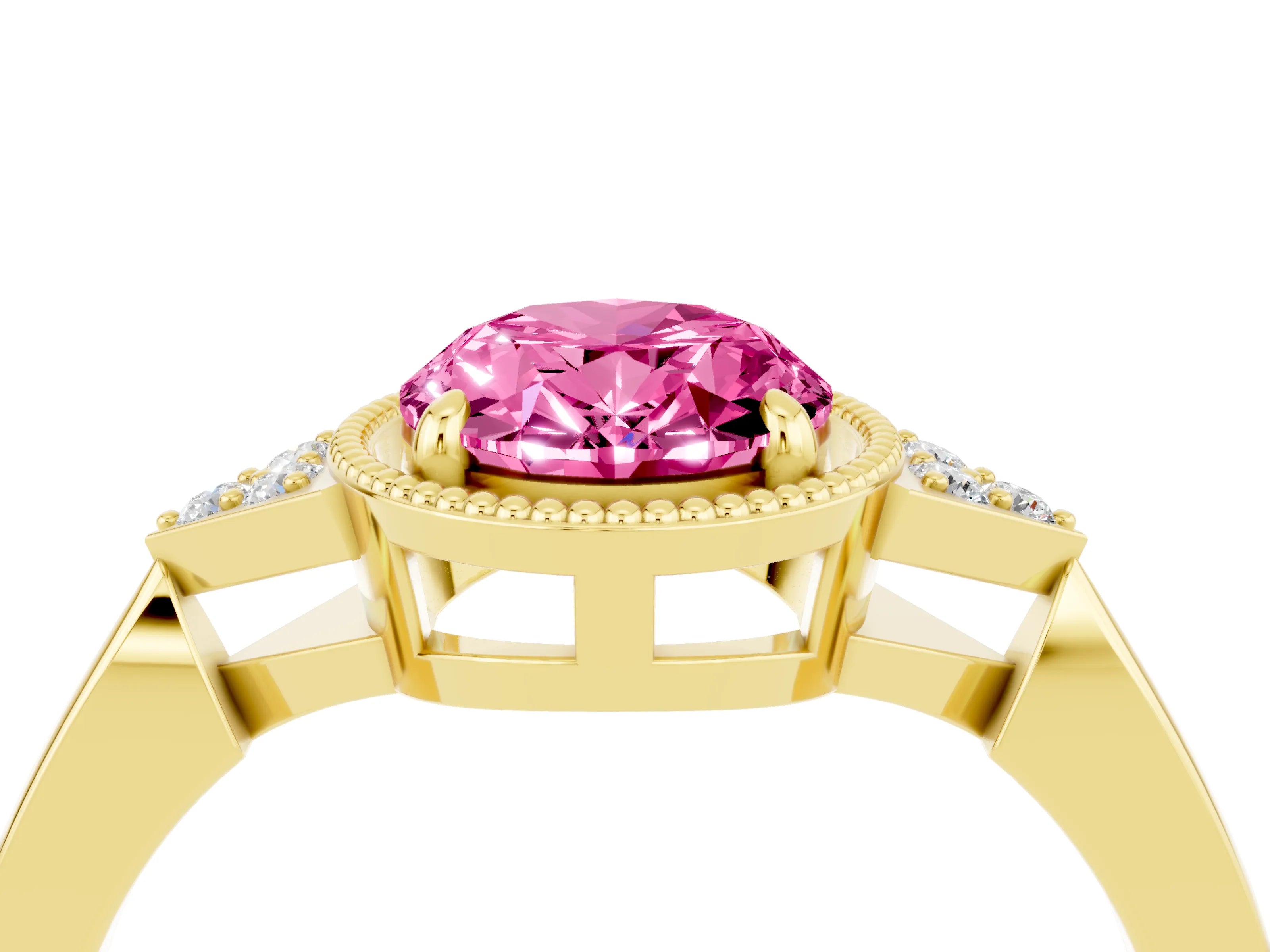 Yellow gold Oval Cut Pink Sapphire Halo Ring with Tapered Band and Four-Prong Setting_4