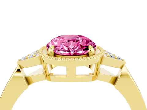 Yellow gold Oval Cut Pink Sapphire Halo Ring with Tapered Band and Four-Prong Setting_4