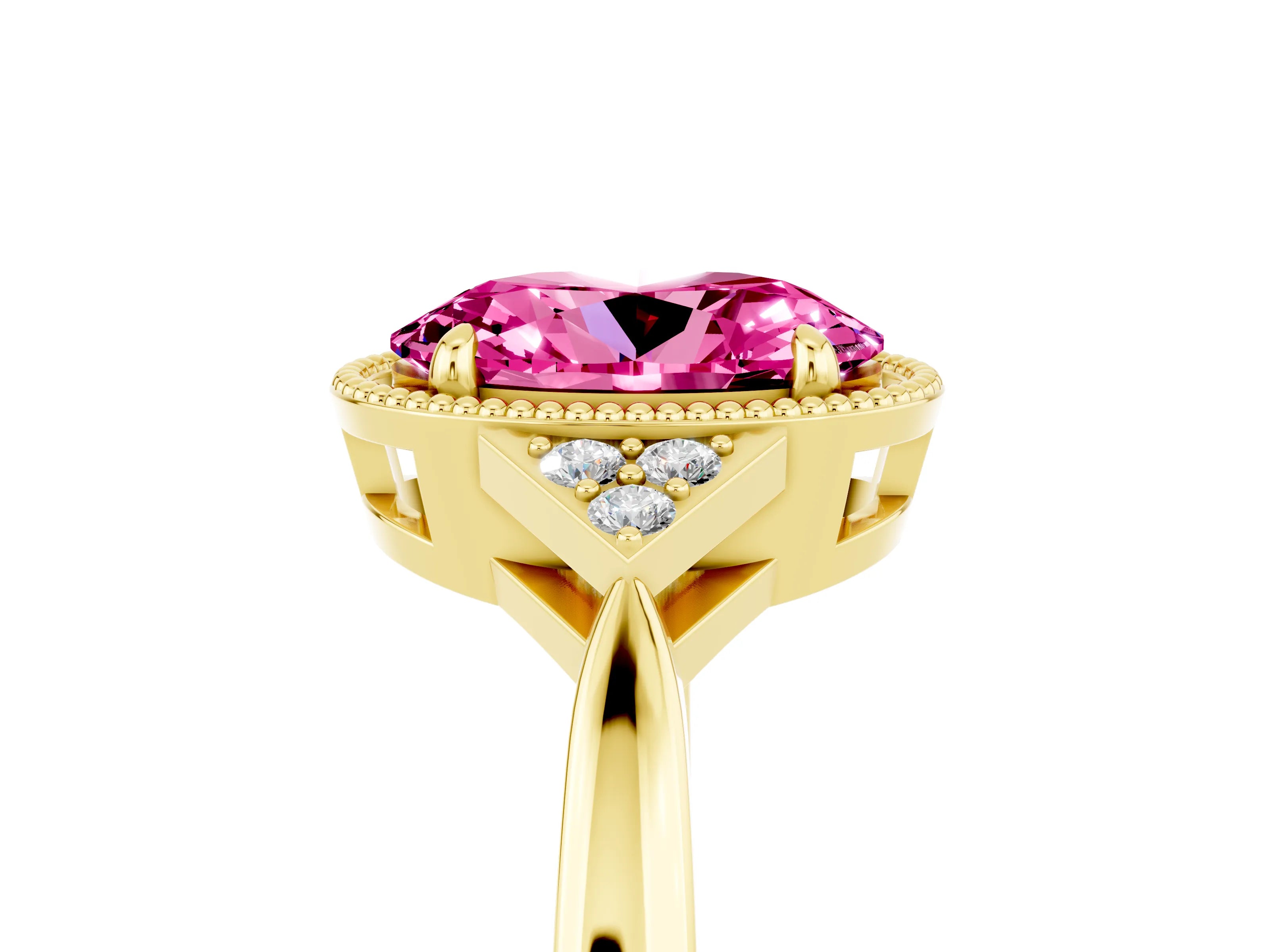 Yellow gold Oval Cut Pink Sapphire Halo Ring with Tapered Band and Four-Prong Setting_5