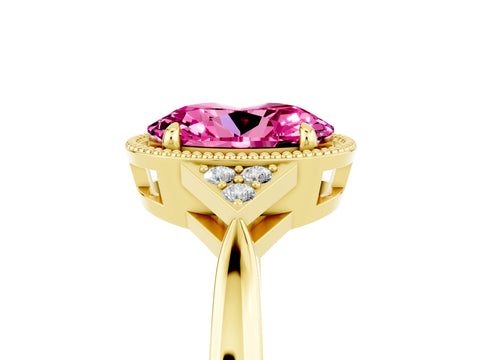Yellow gold Oval Cut Pink Sapphire Halo Ring with Tapered Band and Four-Prong Setting_5