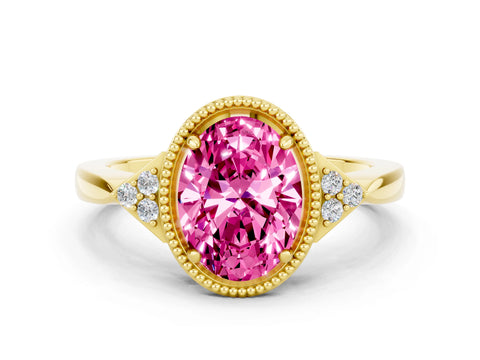 Yellow gold Oval Cut Pink Sapphire Halo Ring with Tapered Band and Four-Prong Setting