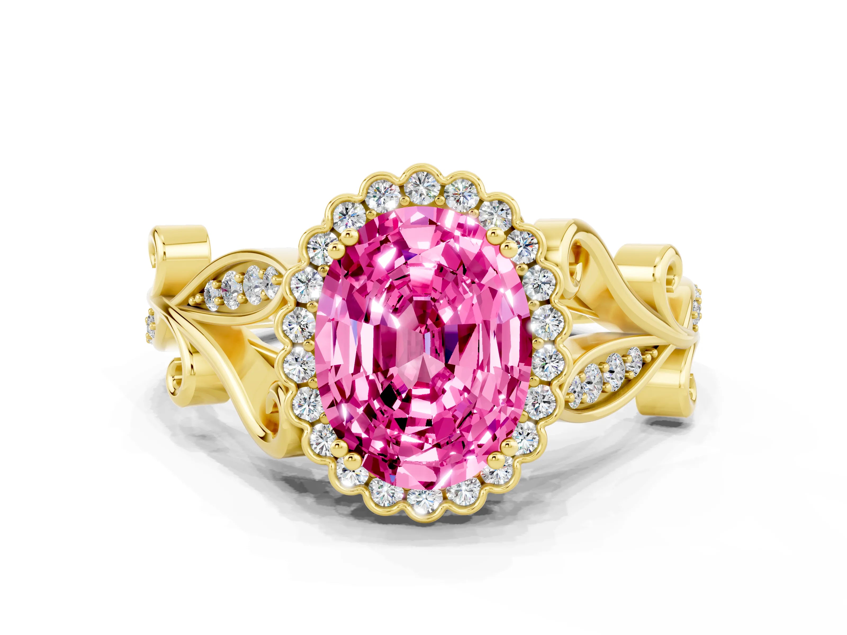 Yellow gold Oval Cut Pink Sapphire Halo Ring with Vintage Split Shank and Four-Prong Setting