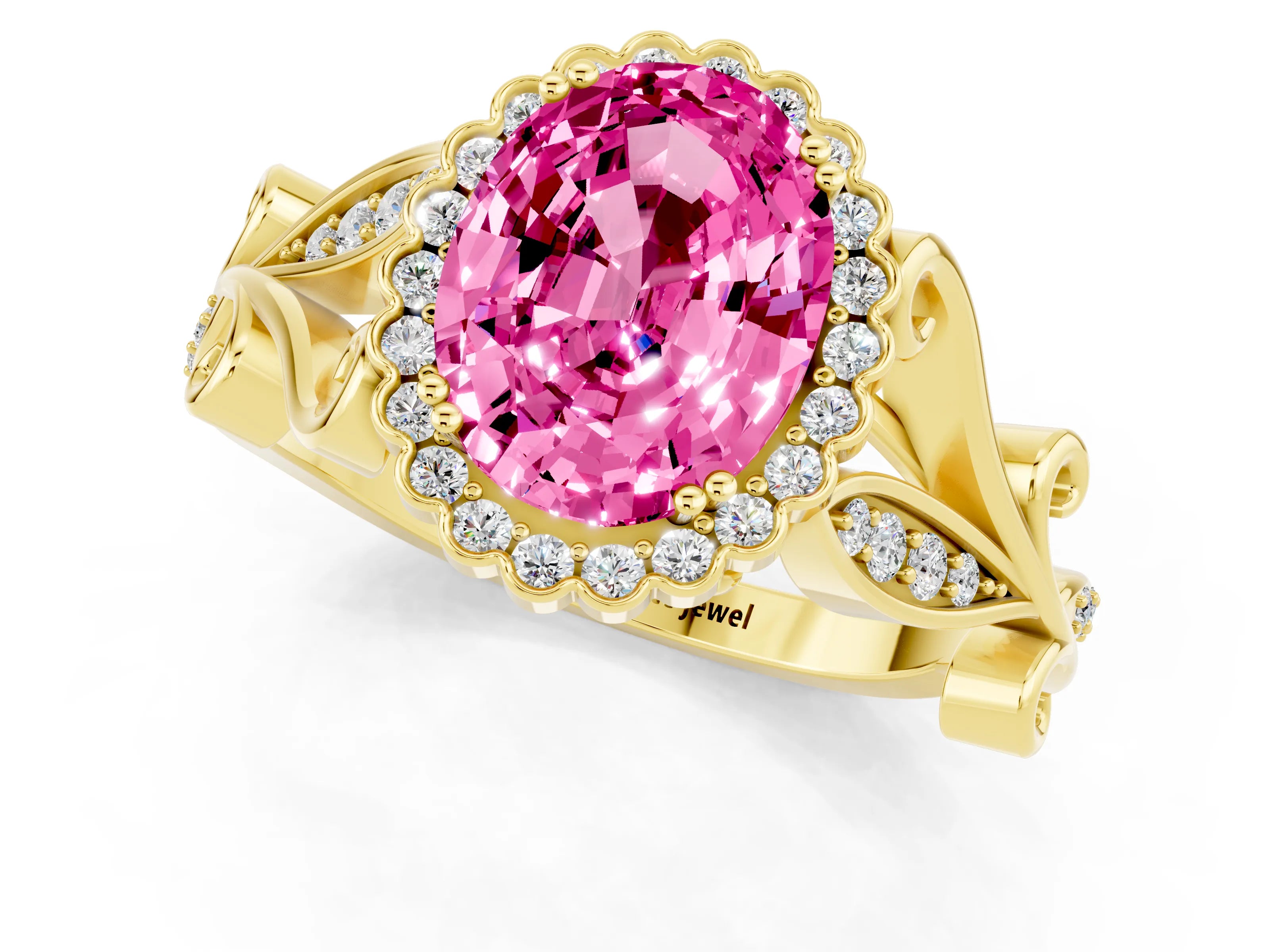 Yellow gold Oval Cut Pink Sapphire Halo Ring with Vintage Split Shank and Four-Prong Setting_1