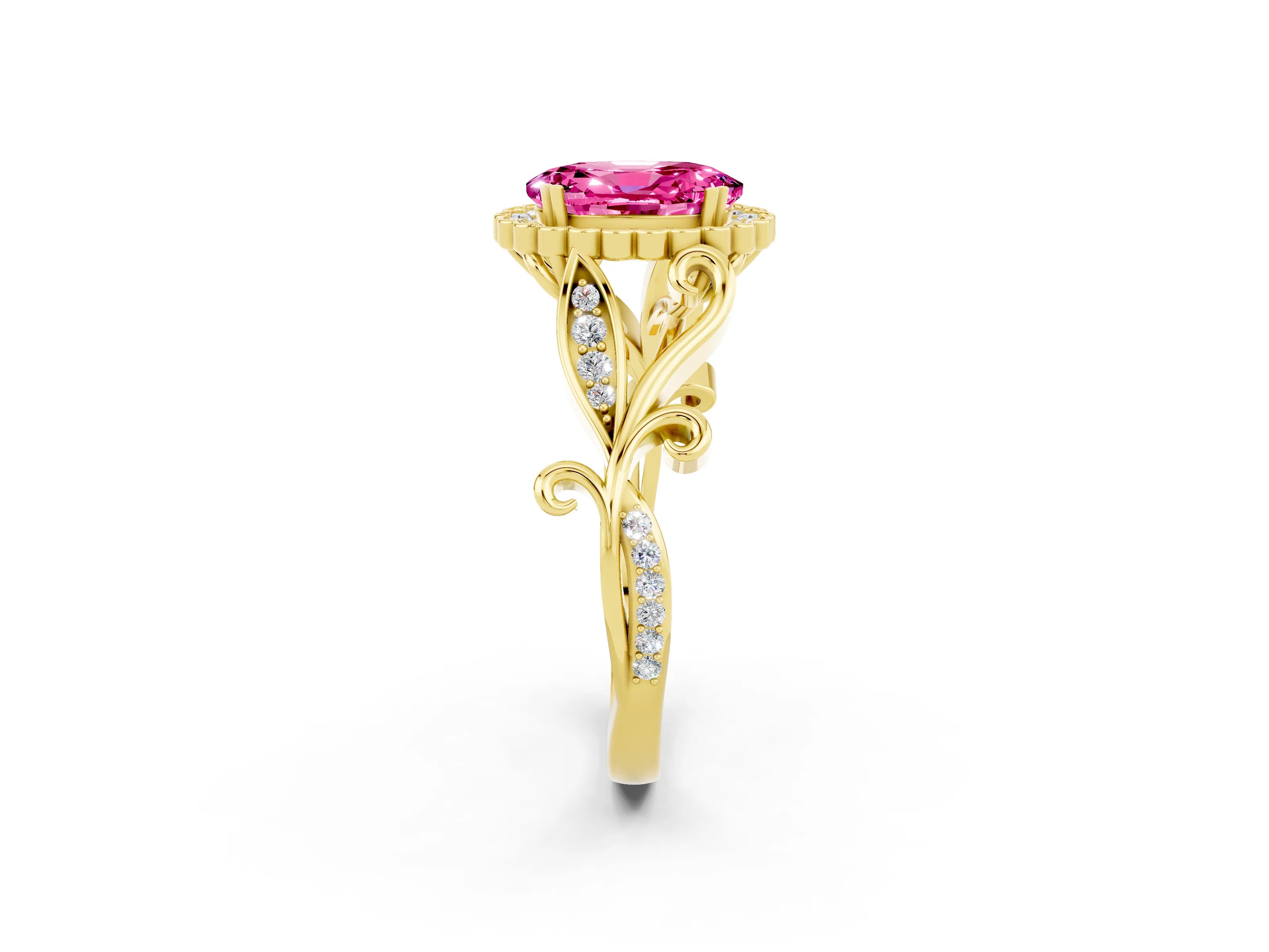 Yellow gold Oval Cut Pink Sapphire Halo Ring with Vintage Split Shank and Four-Prong Setting_2