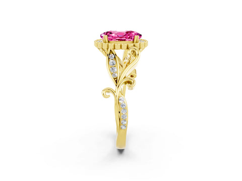 Yellow gold Oval Cut Pink Sapphire Halo Ring with Vintage Split Shank and Four-Prong Setting_2