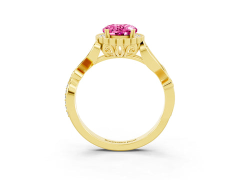 Yellow gold Oval Cut Pink Sapphire Halo Ring with Vintage Split Shank and Four-Prong Setting_3