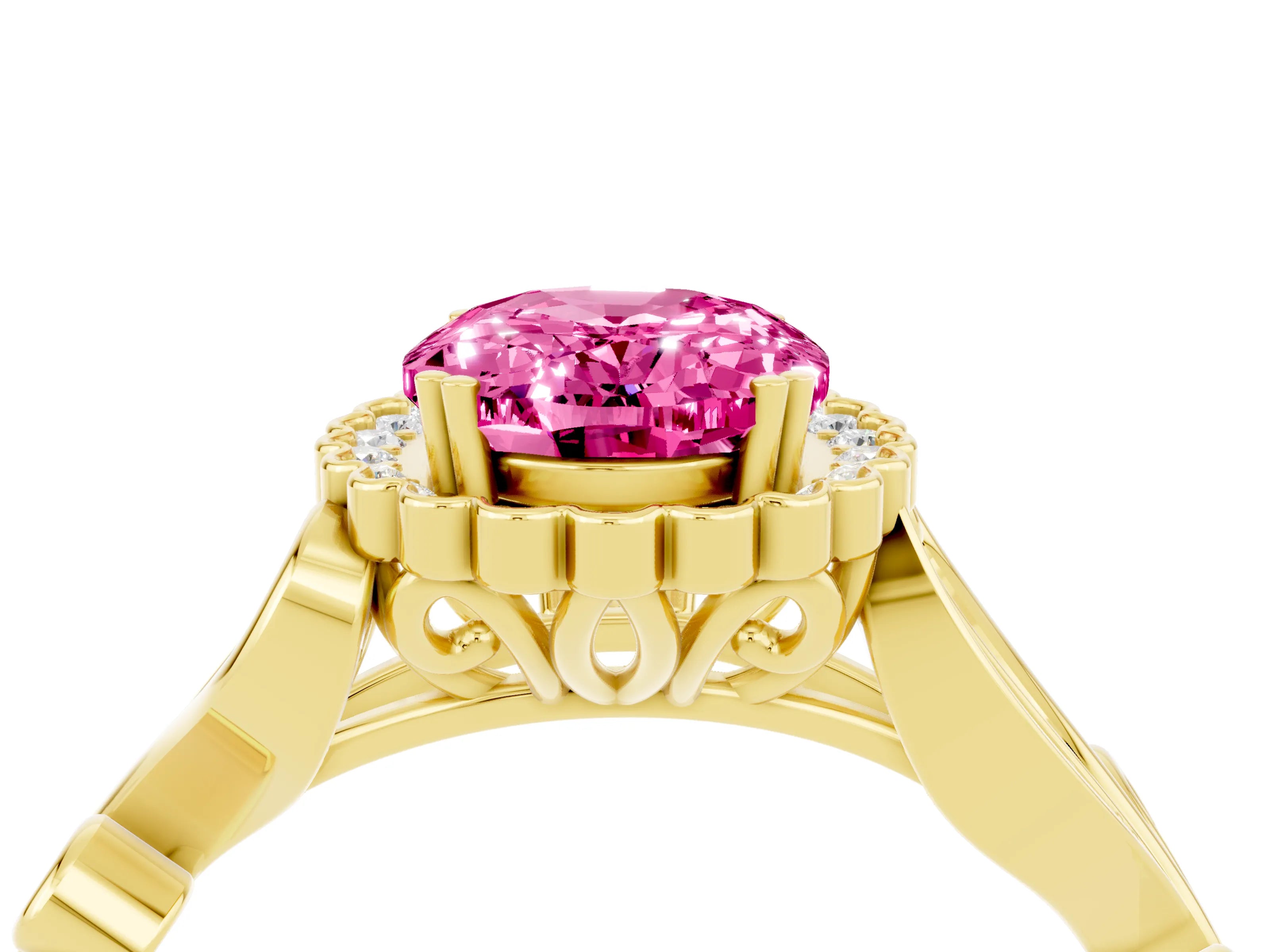 Yellow gold Oval Cut Pink Sapphire Halo Ring with Vintage Split Shank and Four-Prong Setting_4