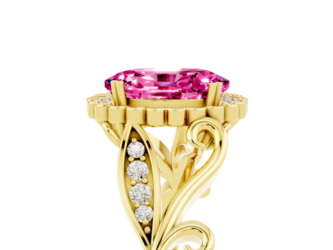 Yellow gold Oval Cut Pink Sapphire Halo Ring with Vintage Split Shank and Four-Prong Setting_5