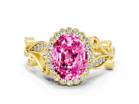 Yellow gold Oval Cut Pink Sapphire Halo Ring with Vintage Split Shank and Four-Prong Setting
