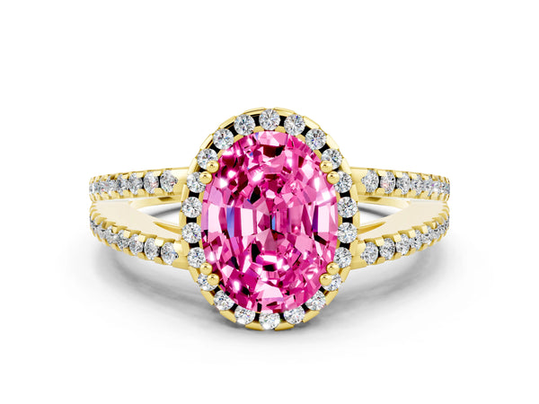 Yellow gold Oval Cut Pink Sapphire Halo Split Shank Engagement Ring