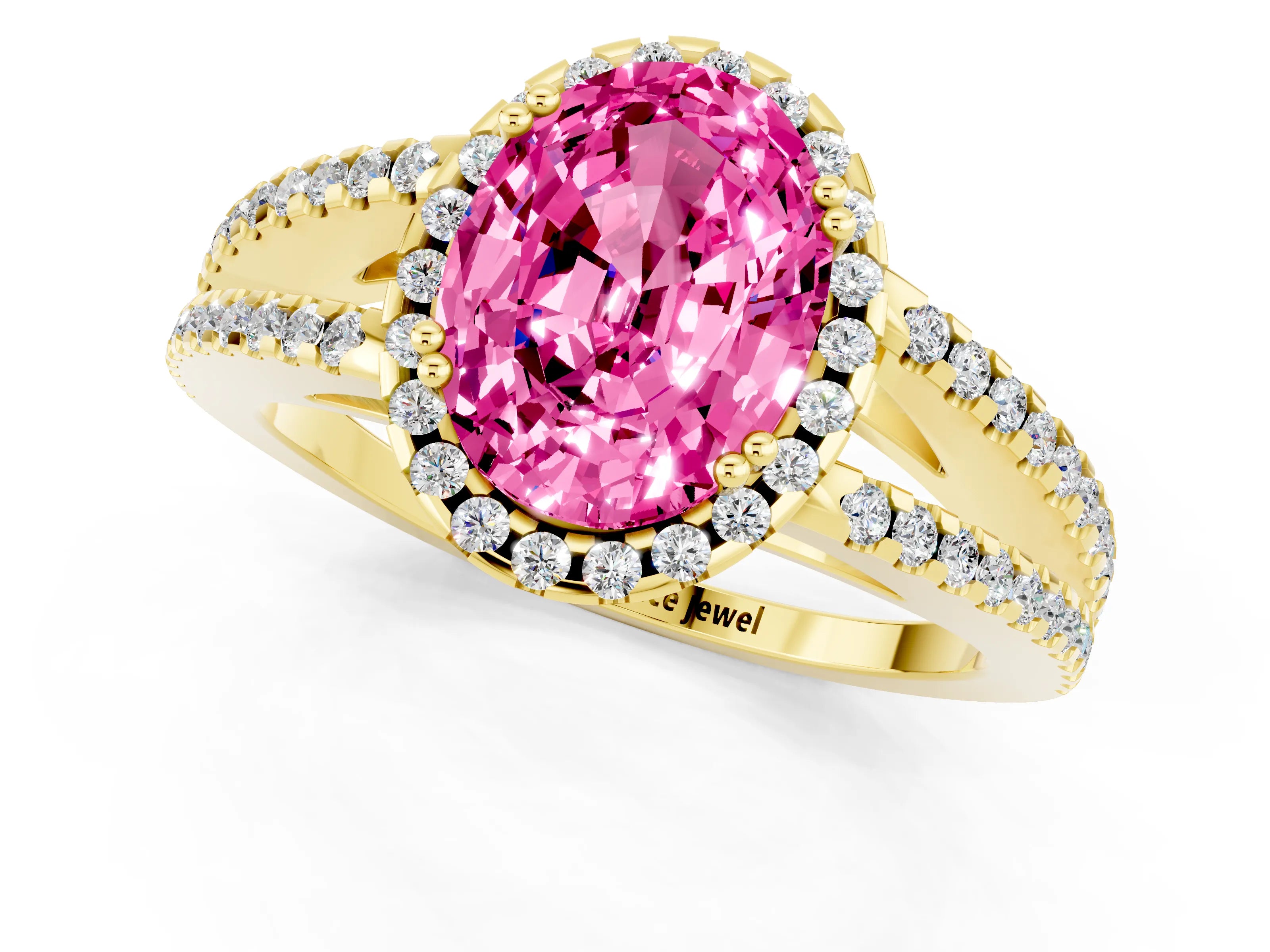 Yellow gold Oval Cut Pink Sapphire Halo Split Shank Engagement Ring_13