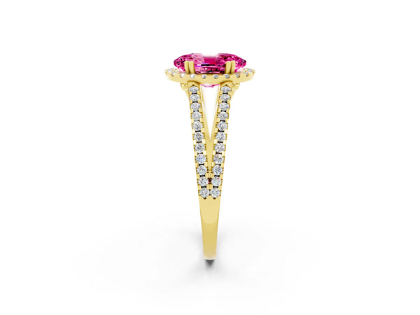 Yellow gold Oval Cut Pink Sapphire Halo Split Shank Engagement Ring