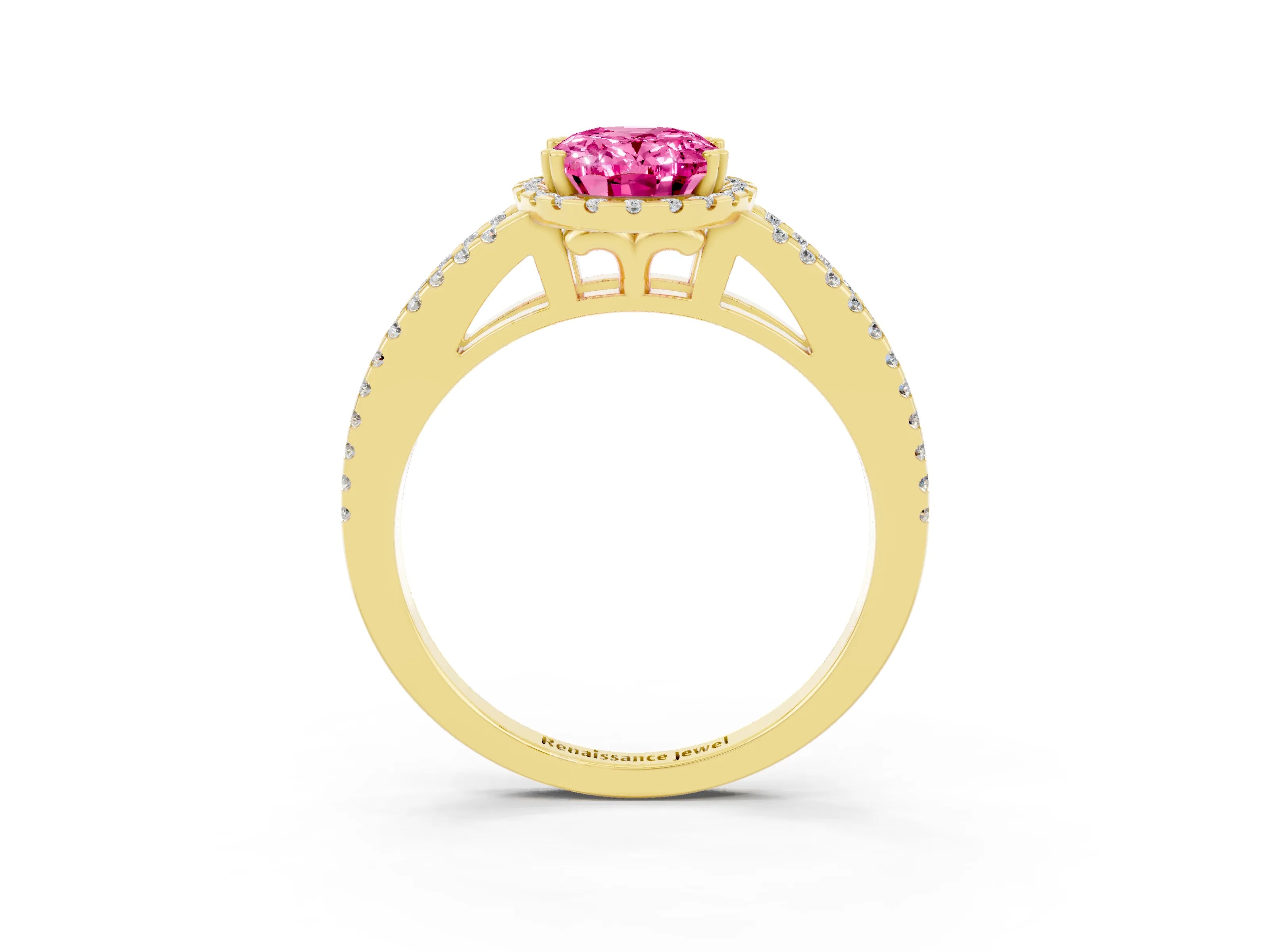 Yellow gold Oval Cut Pink Sapphire Halo Split Shank Engagement Ring_15