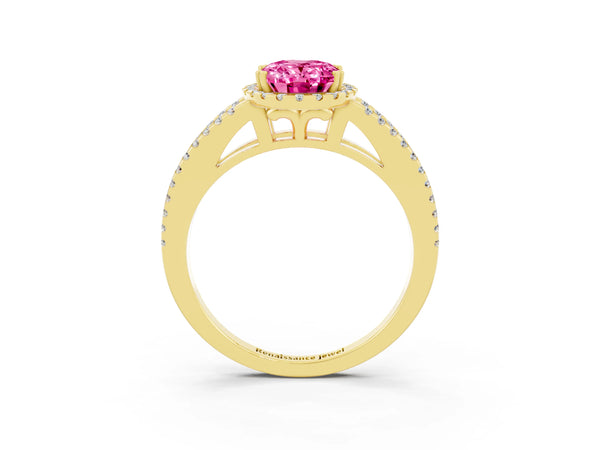 Yellow gold Oval Cut Pink Sapphire Halo Split Shank Engagement Ring
