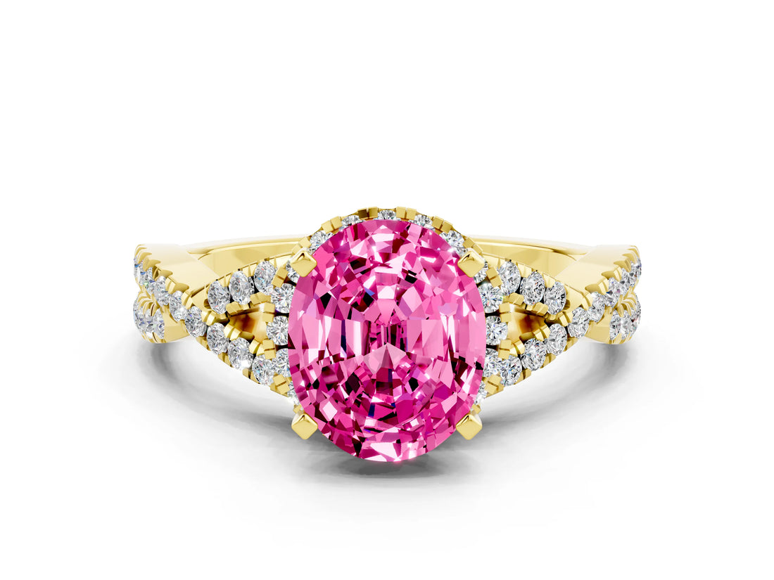 Yellow gold Oval Cut Pink Sapphire Halo Twist Band Solitaire Prong Setting Ring_24