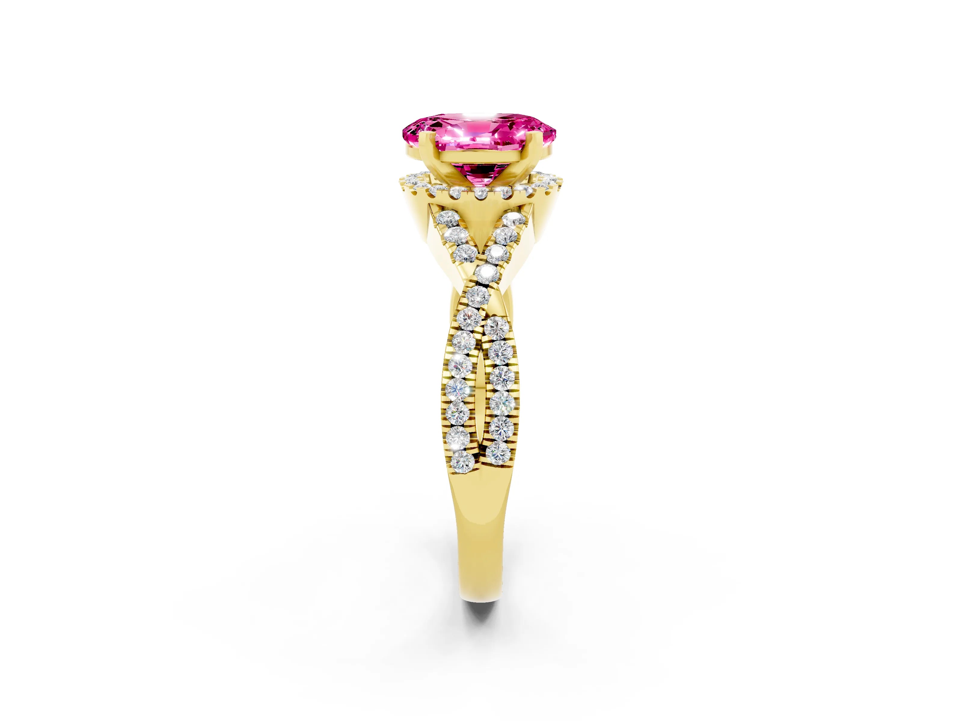 Yellow gold Oval Cut Pink Sapphire Halo Twist Band Solitaire Prong Setting Ring_26