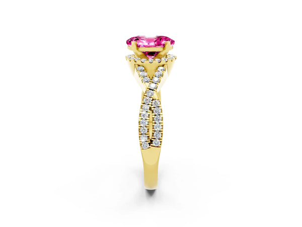 Yellow gold Oval Cut Pink Sapphire  Halo Twist Band Solitaire Prong Setting Ring