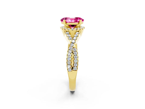 Yellow gold Oval Cut Pink Sapphire Halo Twist Band Solitaire Prong Setting Ring_26
