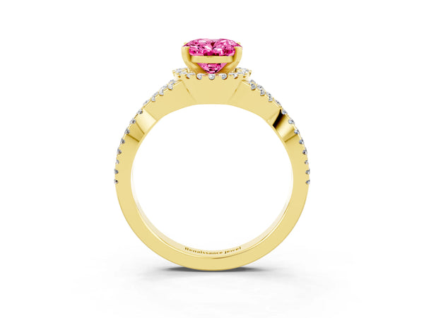 Yellow gold Oval Cut Pink Sapphire  Halo Twist Band Solitaire Prong Setting Ring