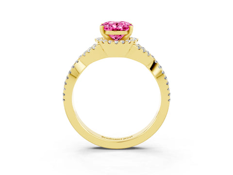 Yellow gold Oval Cut Pink Sapphire Halo Twist Band Solitaire Prong Setting Ring_27