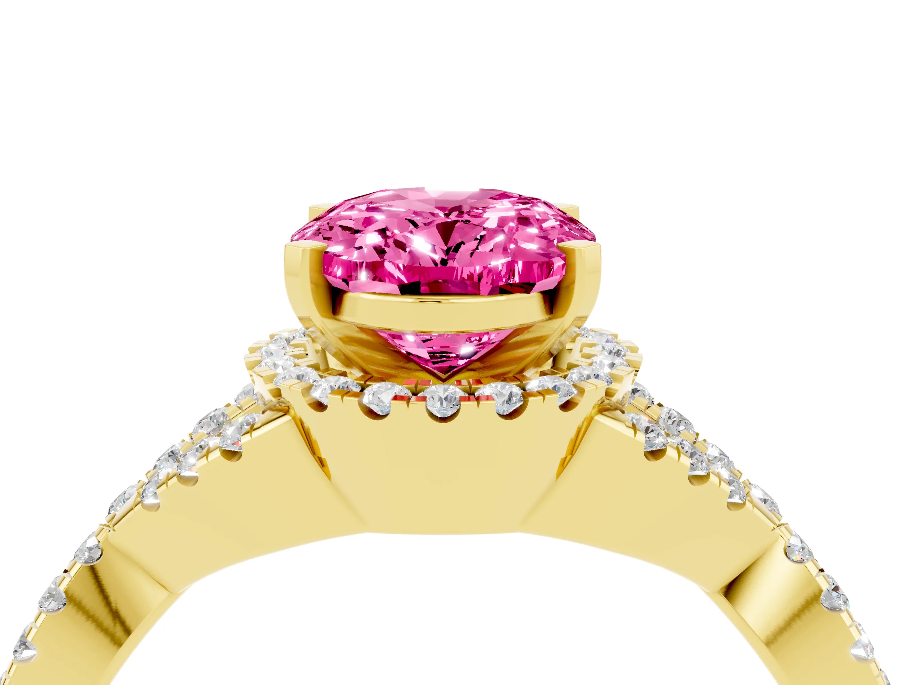 Yellow gold Oval Cut Pink Sapphire Halo Twist Band Solitaire Prong Setting Ring_28