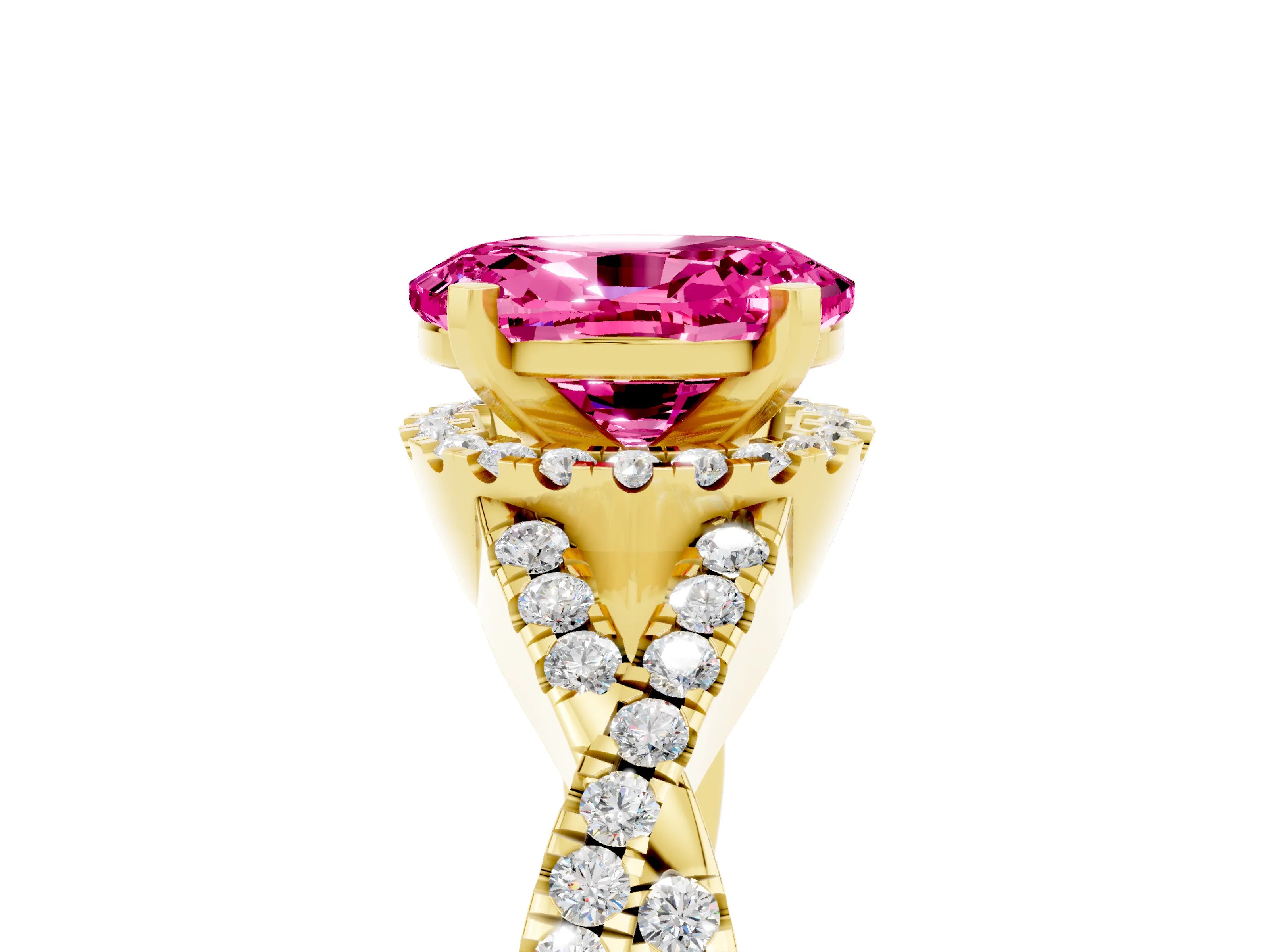 Yellow gold Oval Cut Pink Sapphire Halo Twist Band Solitaire Prong Setting Ring_29
