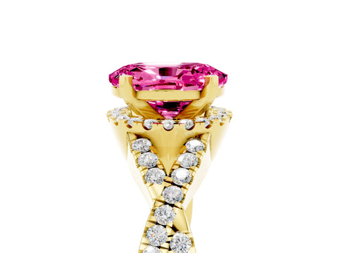 Yellow gold Oval Cut Pink Sapphire Halo Twist Band Solitaire Prong Setting Ring_29