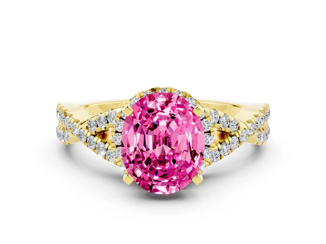 Yellow gold Oval Cut Pink Sapphire  Halo Twist Band Solitaire Prong Setting Ring_42