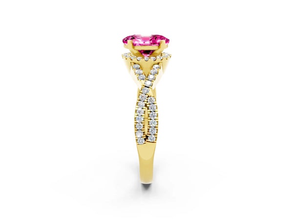 Yellow gold Oval Cut Pink Sapphire  Halo Twist Band Solitaire Prong Setting Ring
