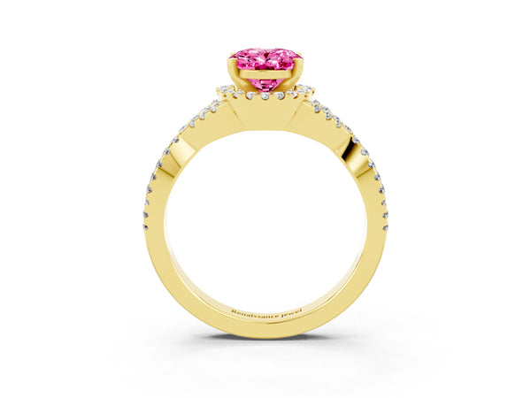 Yellow gold Oval Cut Pink Sapphire  Halo Twist Band Solitaire Prong Setting Ring