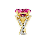 Yellow gold Oval Cut Pink Sapphire  Halo Twist Band Solitaire Prong Setting Ring_47