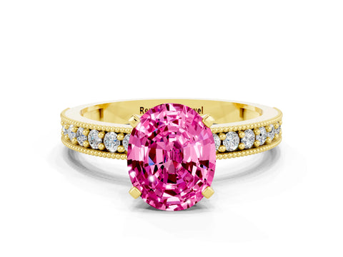 Yellow gold Oval Cut Pink Sapphire Milgrain Pavé Engagement Ring with Four-Prong Setting_36