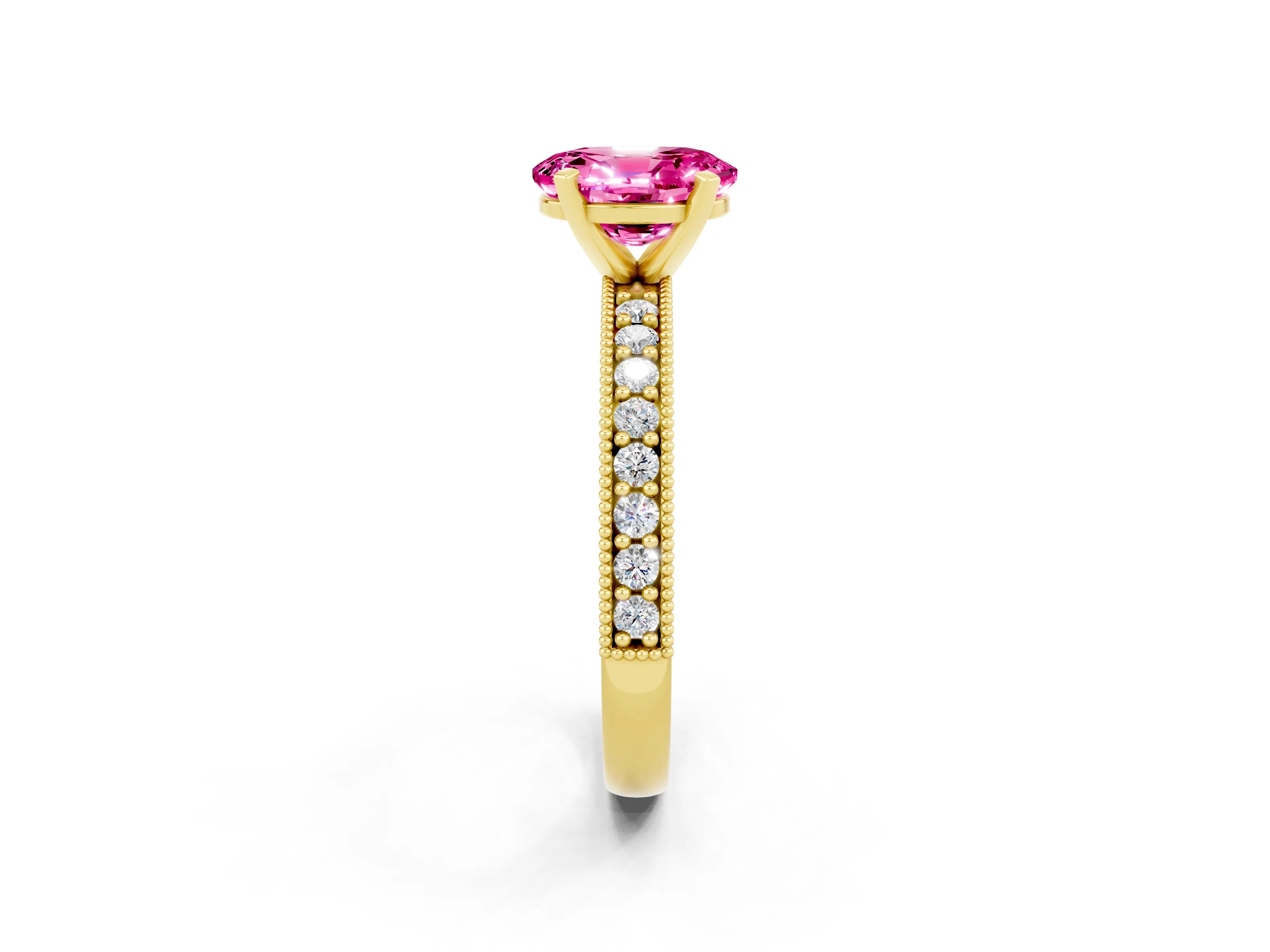 Yellow gold Oval Cut Pink Sapphire Milgrain Pavé Engagement Ring with Four-Prong Setting_38