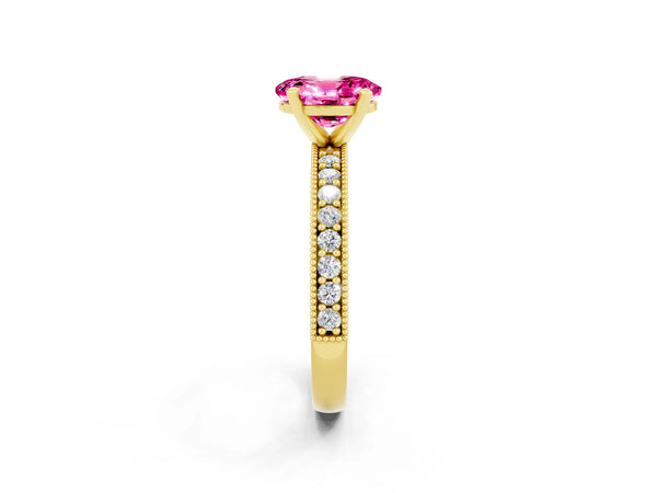 Yellow gold Oval Cut Pink Sapphire Milgrain Pavé Engagement Ring with Four-Prong Setting