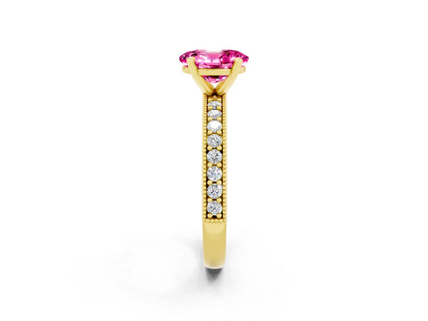 Yellow gold Oval Cut Pink Sapphire Milgrain Pavé Engagement Ring with Four-Prong Setting_38