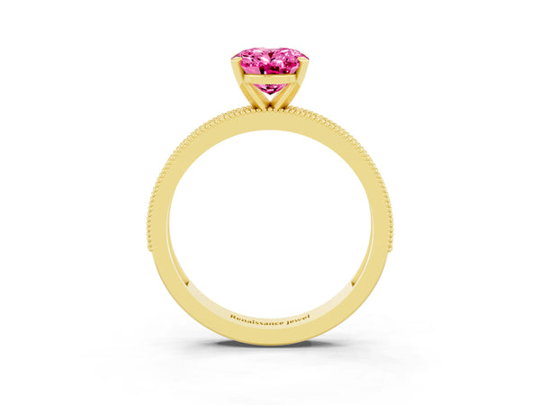 Yellow gold Oval Cut Pink Sapphire Milgrain Pavé Engagement Ring with Four-Prong Setting
