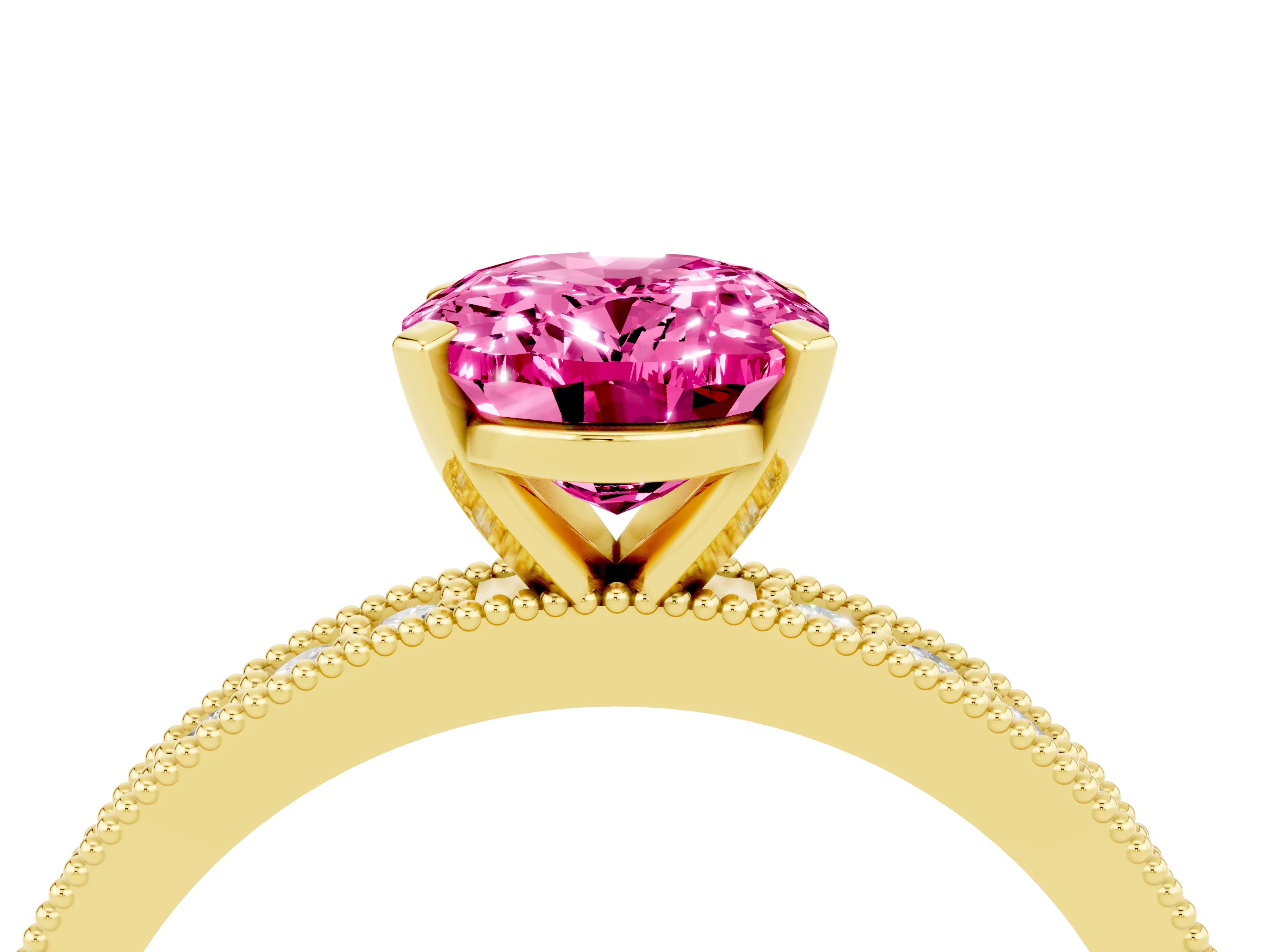 Yellow gold Oval Cut Pink Sapphire Milgrain Pavé Engagement Ring with Four-Prong Setting_40