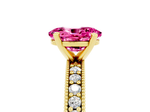 Yellow gold Oval Cut Pink Sapphire Milgrain Pavé Engagement Ring with Four-Prong Setting_41