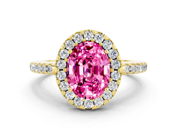 Yellow gold Oval Cut Pink Sapphire Pavé Halo Ring with Four-Prong Setting
