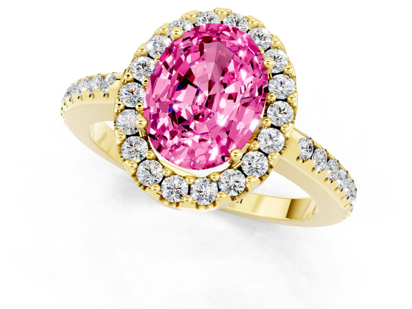 Yellow gold Oval Cut Pink Sapphire Pavé Halo Ring with Four-Prong Setting