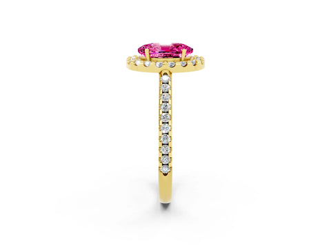 Yellow gold Oval Cut Pink Sapphire Pavé Halo Ring with Four-Prong Setting_14