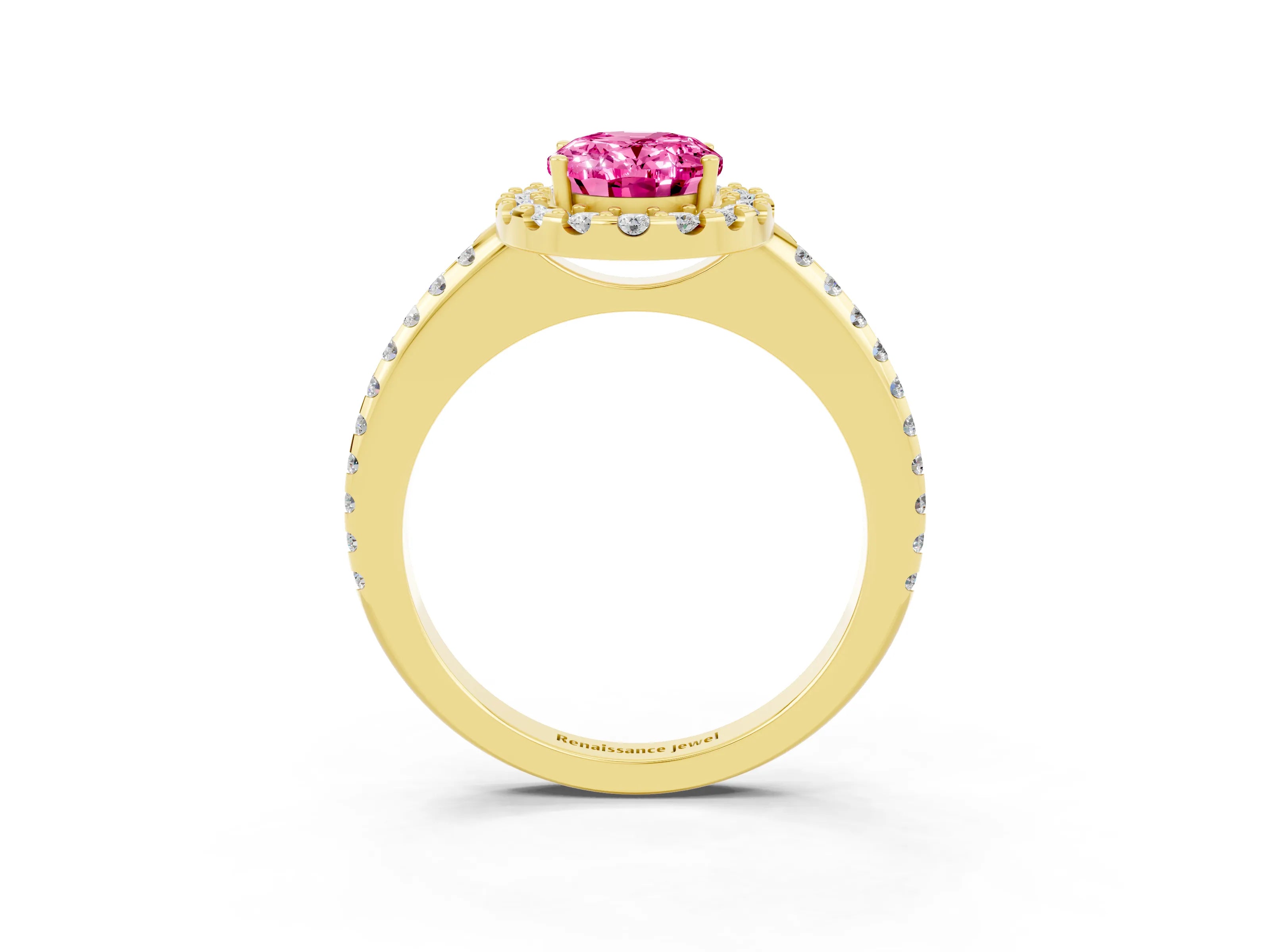 Yellow gold Oval Cut Pink Sapphire Pavé Halo Ring with Four-Prong Setting_15