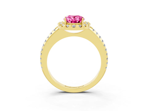 Yellow gold Oval Cut Pink Sapphire Pavé Halo Ring with Four-Prong Setting_15