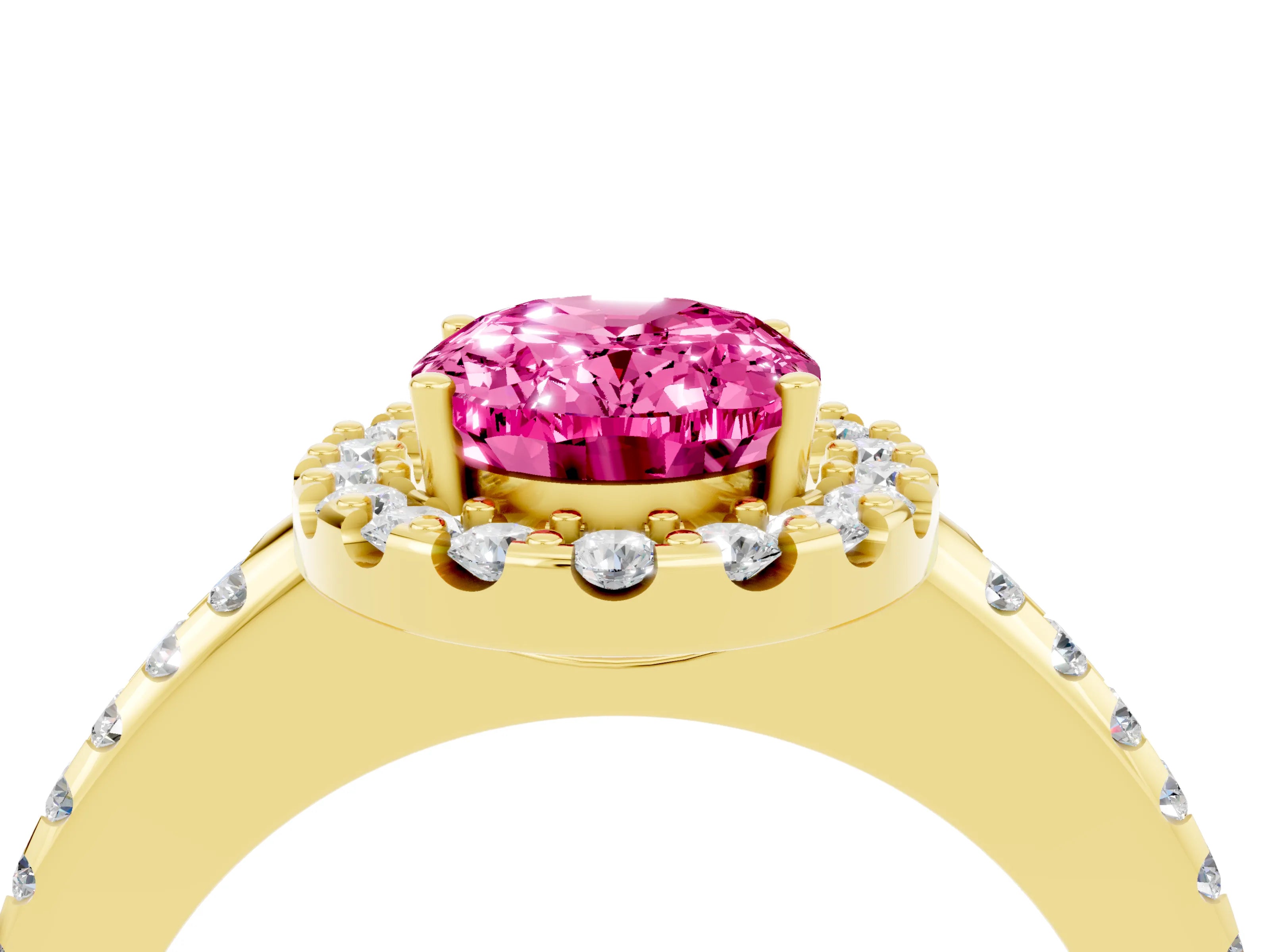 Yellow gold Oval Cut Pink Sapphire Pavé Halo Ring with Four-Prong Setting_16