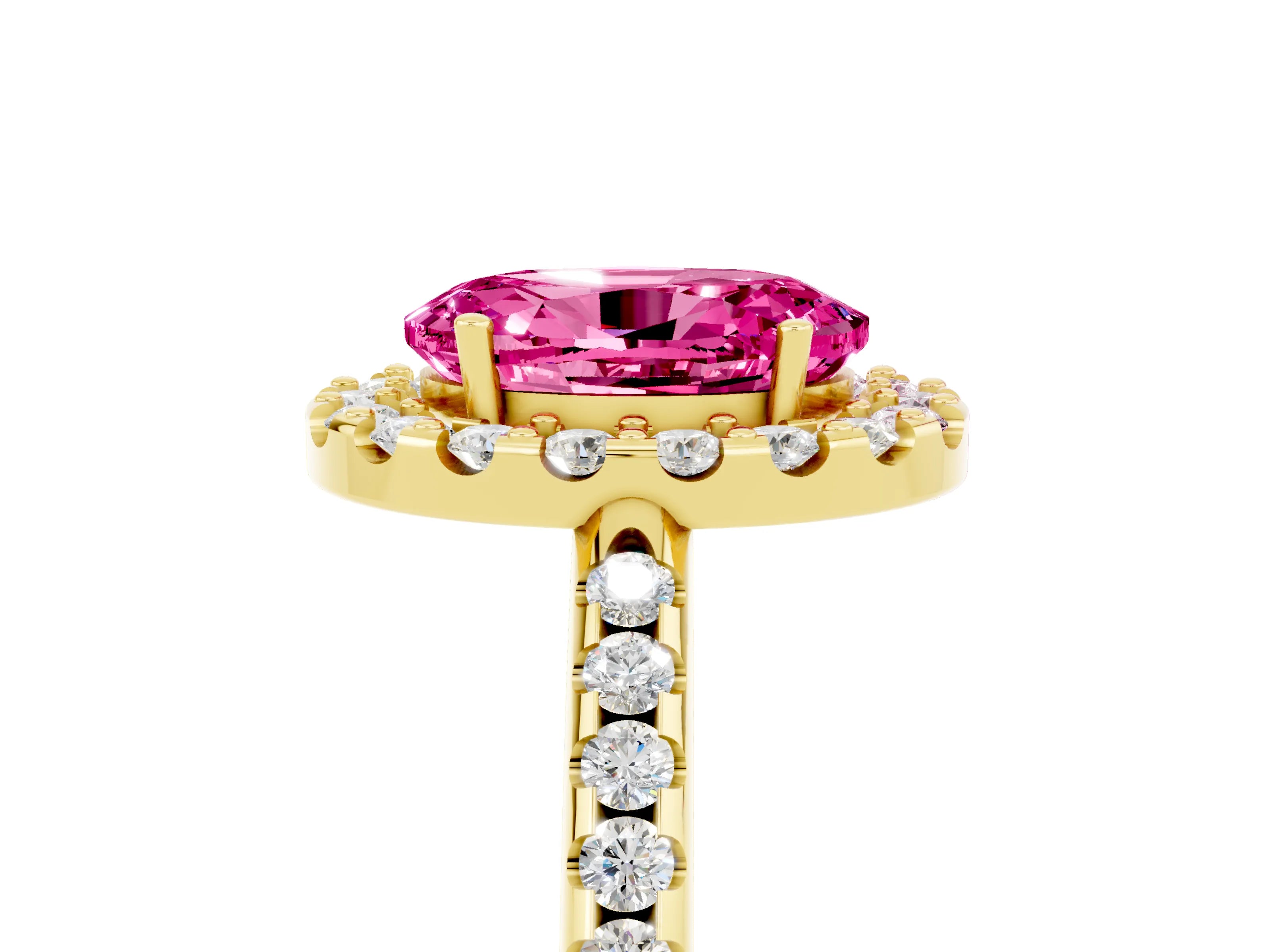 Yellow gold Oval Cut Pink Sapphire Pavé Halo Ring with Four-Prong Setting_17