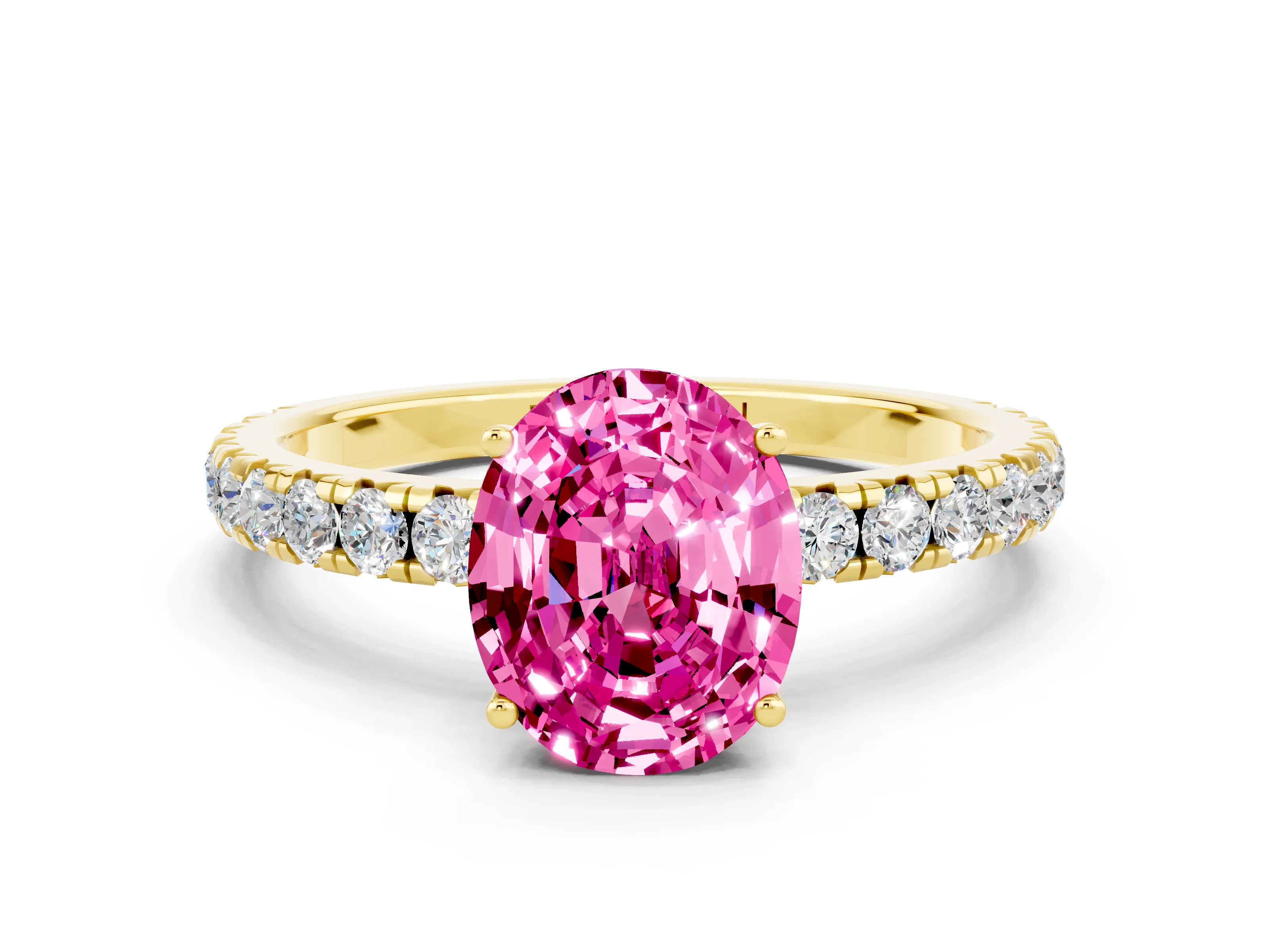 Yellow gold Oval Cut Pink Sapphire Pavé Solitaire Engagement Ring with Four-Prong Setting_12