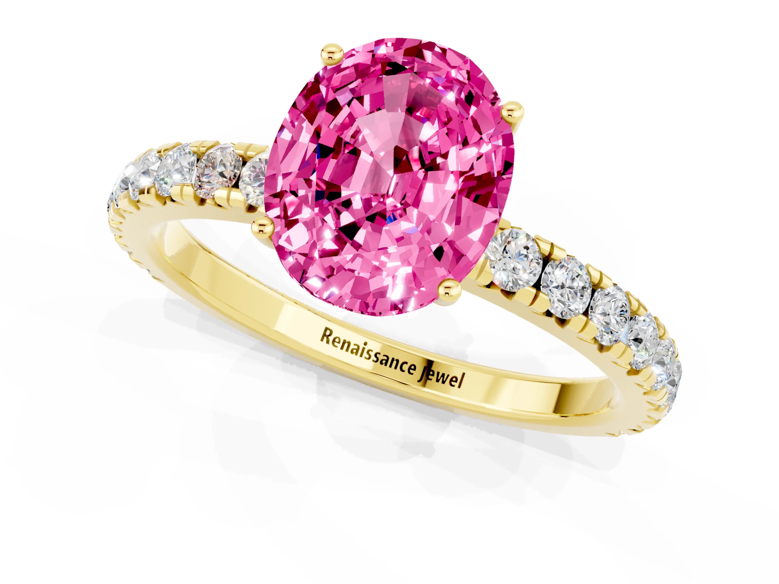 Yellow gold Oval Cut Pink Sapphire Pavé Solitaire Engagement Ring with Four-Prong Setting_13