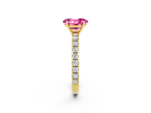 Yellow gold Oval Cut Pink Sapphire Pavé Solitaire Engagement Ring with Four-Prong Setting