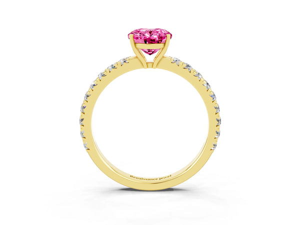 Yellow gold Oval Cut Pink Sapphire Pavé Solitaire Engagement Ring with Four-Prong Setting